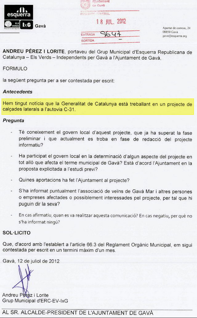 Preguntes d'ERC-Gav� a l'Ajuntament de Gav� sobre el seu posicionament davant de l'estudi de cal�ades laterals per l'autovia de Castelldefels (C-31) (18 Juliol 2012)